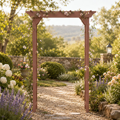 Arche de jardin en bois de sapin massif brun, idéale pour les mariages, avec treillis latéral, pergola et piquets de sol. Facile à assembler pour les plantes grimpantes, parfaite pour le jardin, la cour et les cérémonies.