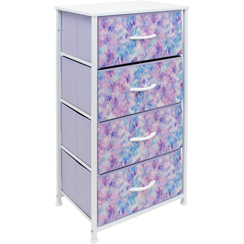 Sorbus 4 Drawers Chest Nightstand with Steel Frame, Wood Top, & Fabric Bins, Tie-dye Blue/Pink/Purple