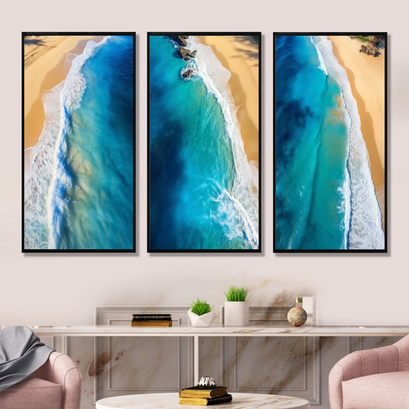 Blue Waves Aérien Beach Escape I - Ensemble de 3 décorations murales plage côtière, Cadre flottant noir, H 32 po x l 48 po