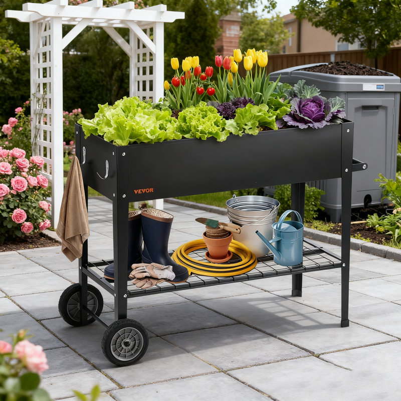 Lit de jardin surélevé noir, bac à fleurs en métal galvanisé de 42,5 po x 19,5 po x 31,5 po (31,97 lb), surélevé avec des pieds (2 roues) - idéal pour la cour / jardin / patio / balcon, acier inoxydable de 0,8 mm, trous de bonde supplémentaires , Comprend les étiquettes / gants / outils / sac