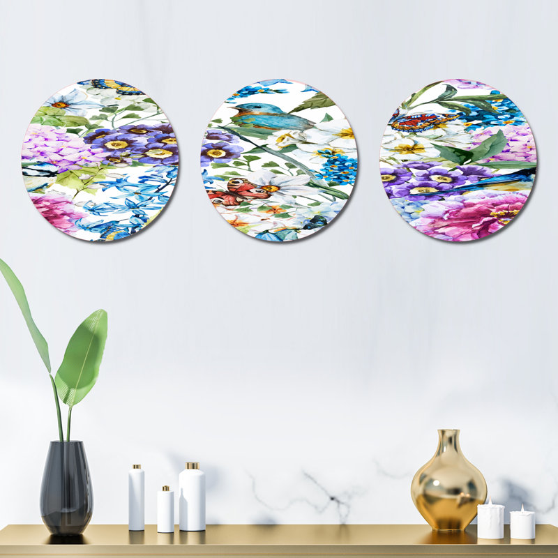 Ensemble de 3 décorations murales oiseaux et fleurs