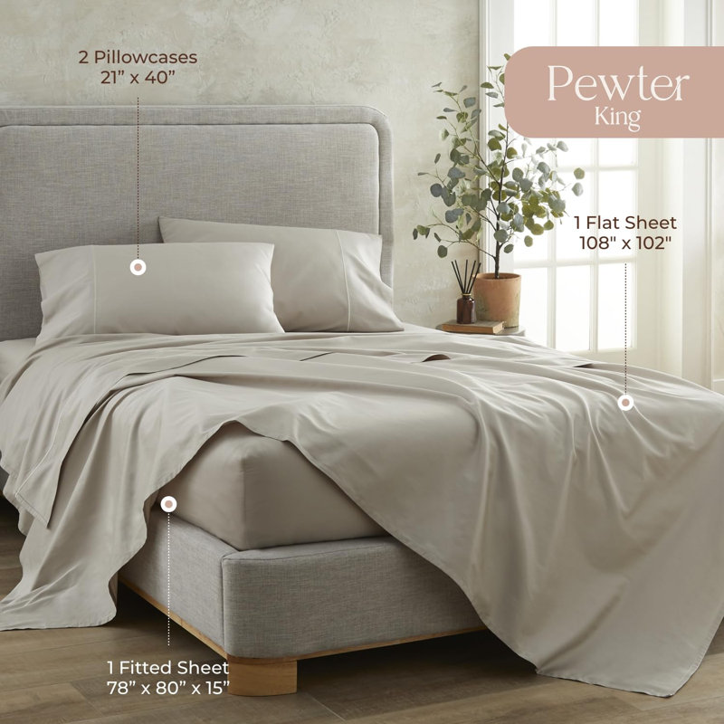 100% Organic Cotton Sheets King Size - GOTS Certified Organic Bed Sheets with Deep Pocket Breathable and Cozy Sateen Weave Gets Softer with Each Wash - Luxury 4 Piece Set (Pewter, King)