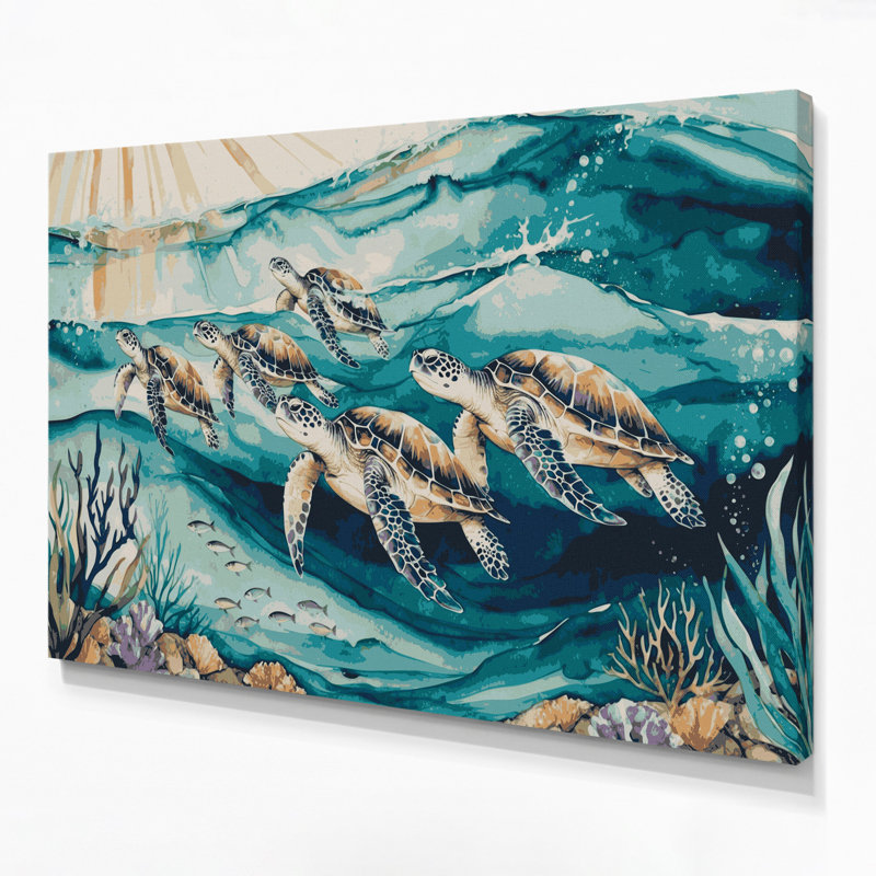 Art mural sur toile beige, "Coastal Sea Turtle", H 11 po x l 14 po