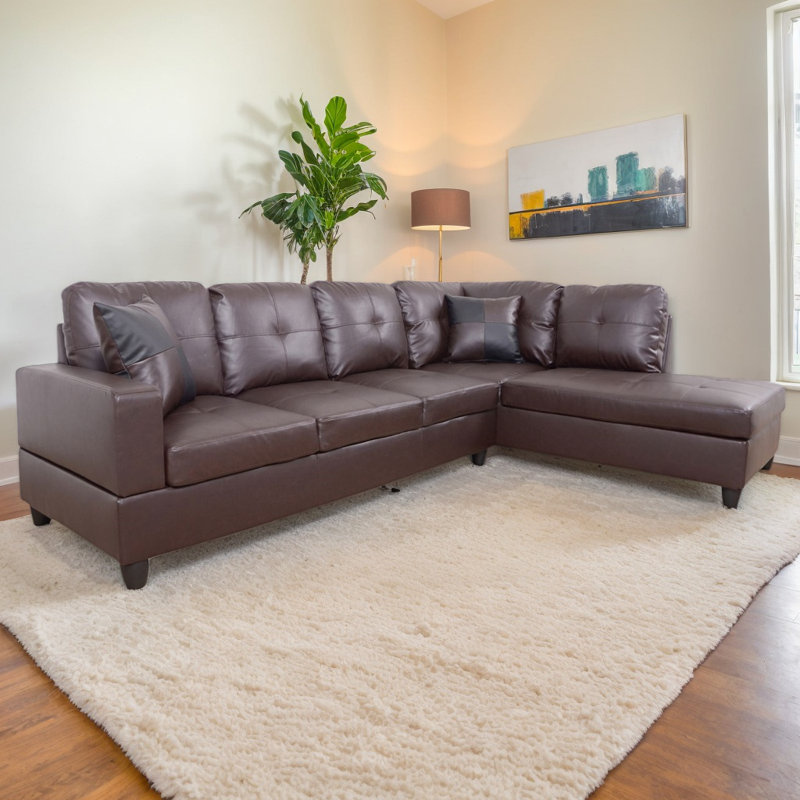 Amielle Faux Leather Sectional, Right Hand Facing, Black, Brown Faux Leather