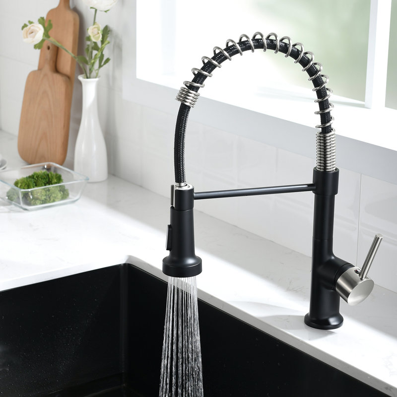 Robinet de cuisine contemporain noir et nickel - Tête de jet rétractable, installation facile, robinet à débit d'eau stable en laiton, finition argentée, modes de jet
