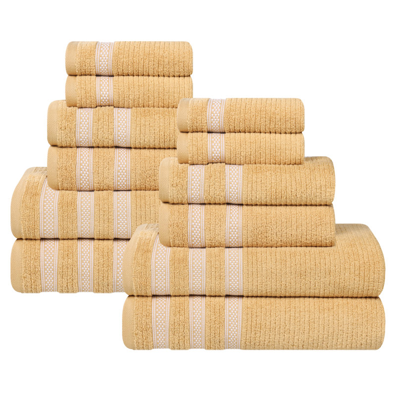 Ensemble de serviettes de bain 12 pièces à bordure géométrique en coton doux et très absorbant Orletta, Gold