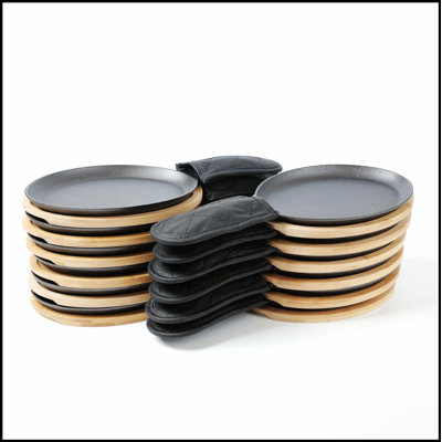 Ensemble d'assiettes en fonte avec plateau en bambou et support à poignée en fajita en fonte HAWOK, parfait pour une cuisson uniforme et un service élégant