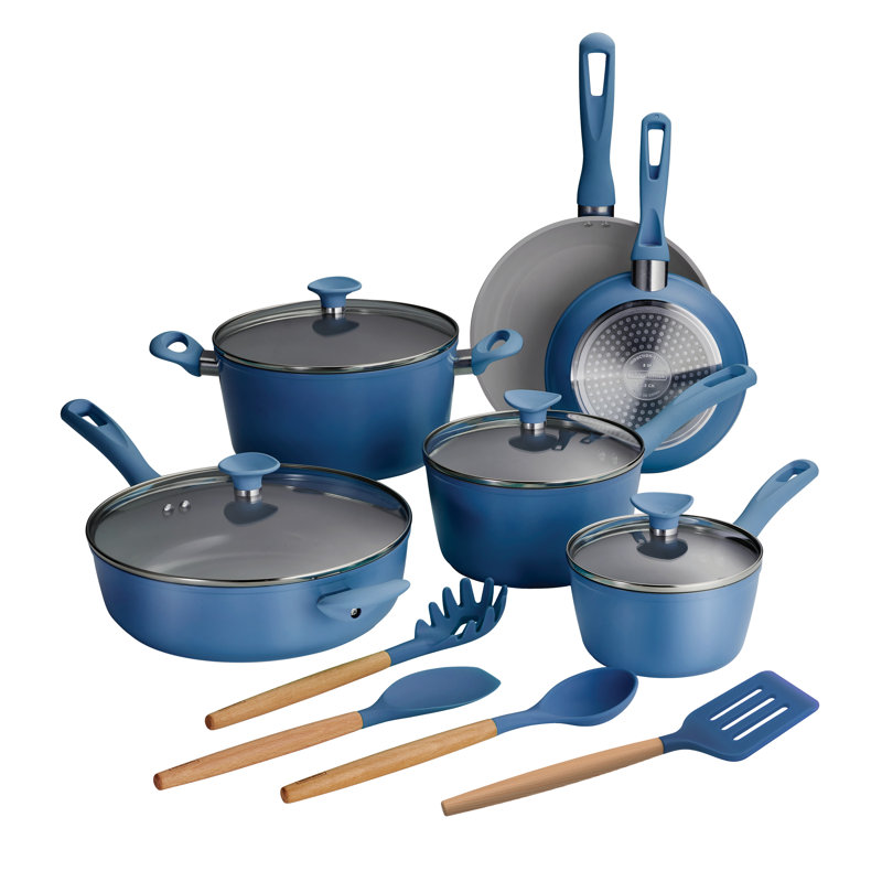 Batterie de cuisine en céramique prête à induction de 14 pièces, Bleu