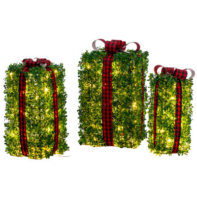 3PCS Lighted Artificial Greenery Gift Boxes
