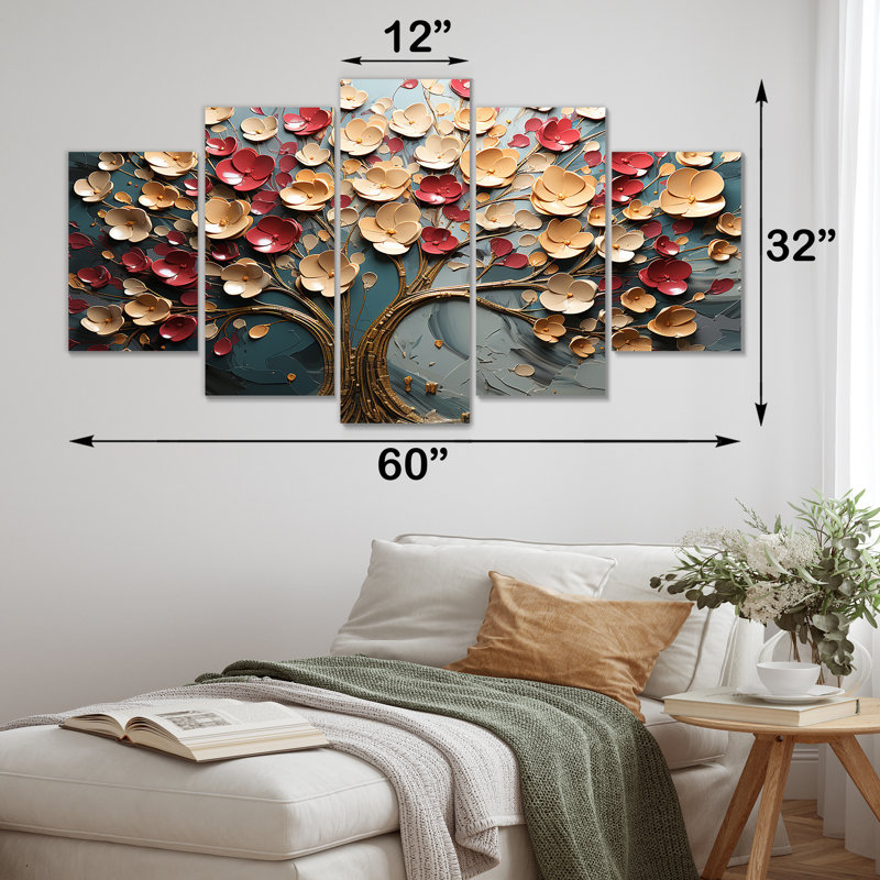 Arbre de fleurs rouge et or au clair de lune beauté II - ensemble de décoration murale arbre multi-panneaux
