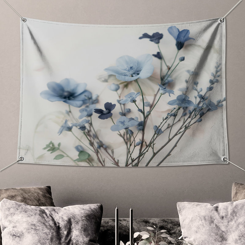 Tapisserie murale délicate fleurs bleues - Décoration murale florale, 104in H x88 with 4 Grommets