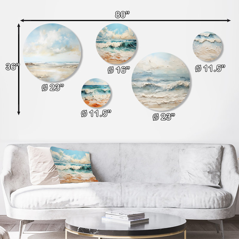 Beige et bleu plage, horizon minimaliste - plage côtière, plage, ensemble d'art mural rond de 5