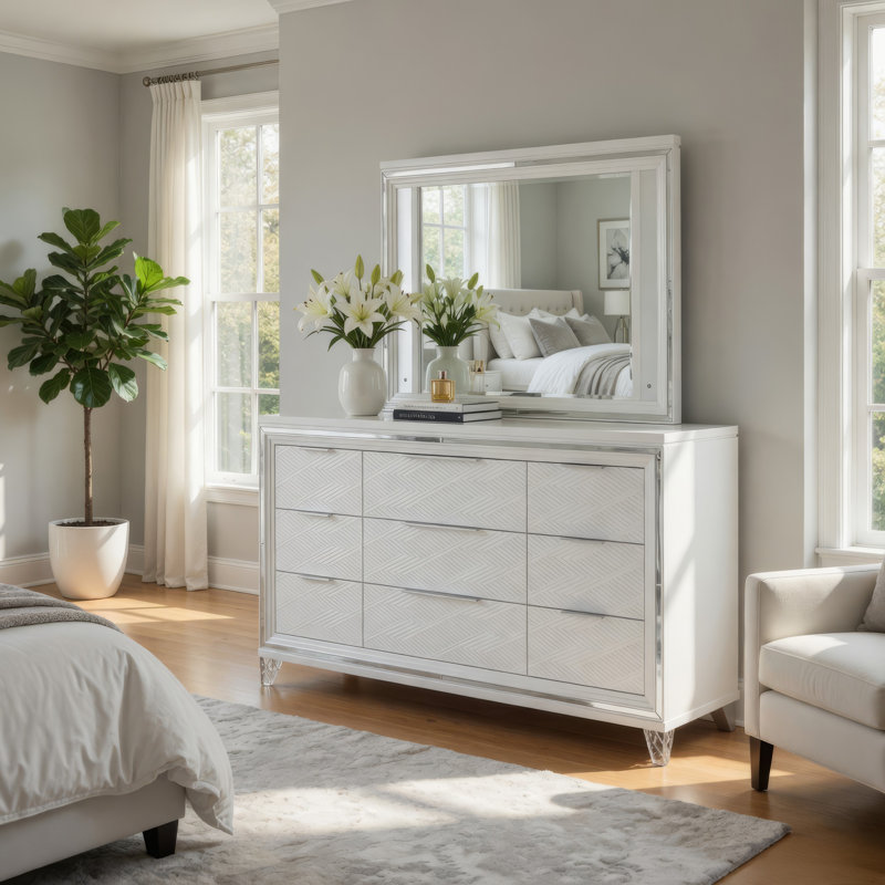 Commode large Mory avec miroir DEL, lumière tactile, 9 tiroirs, bois blanc