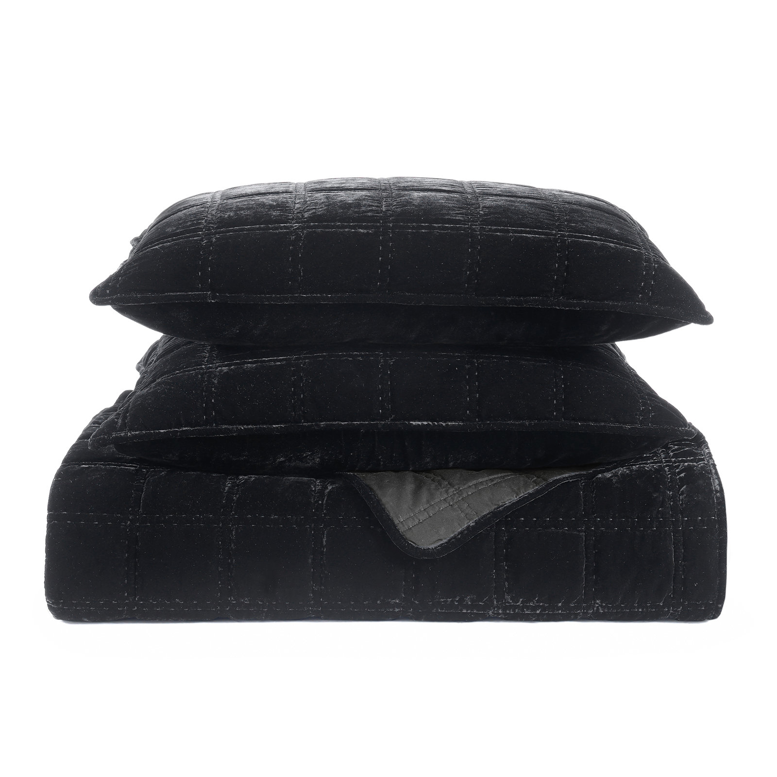 Stella Faux Silk Double Box Stitch Classic Chic Casual Modern Rustic Quilt Set, King Quilt + 2 King Pillowcases, Black