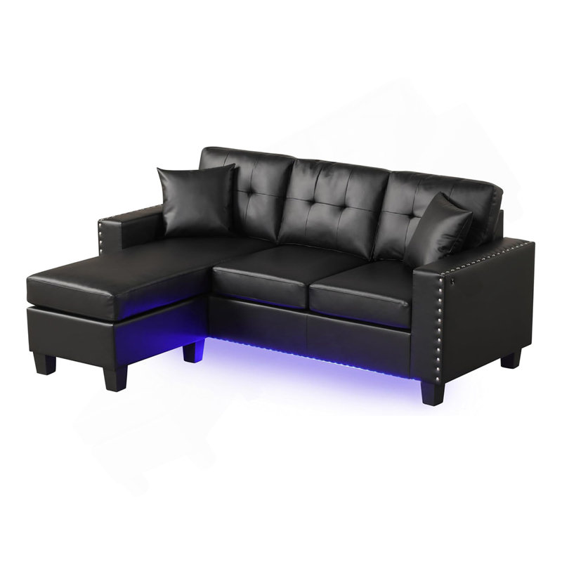 Canapé modulaire réversible en PVC avec lumière DEL et coussins décoratifs, noir, Noir