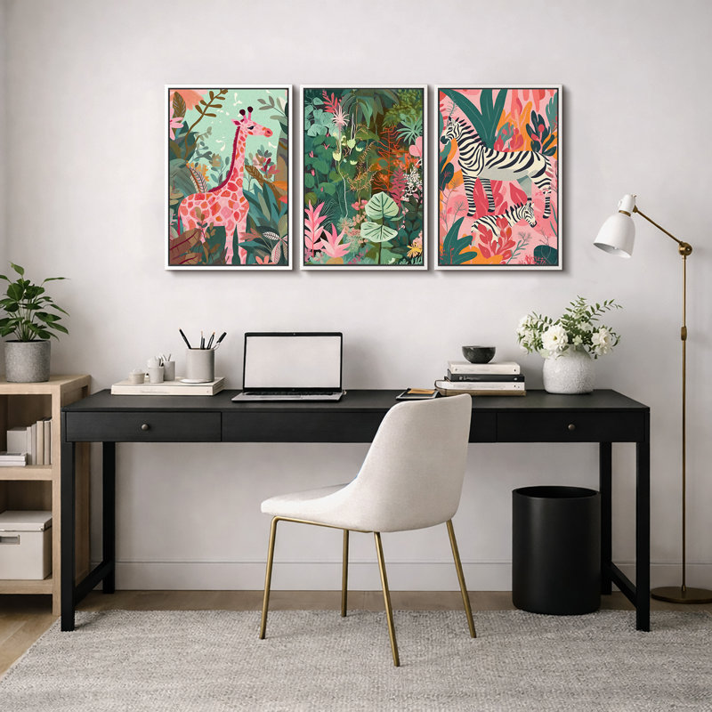«Bright Preppy Animals» Dreamy Safari, rose, vert, animal, œuvre d'art, H 24 po x l 48 po, Cadre flottant blanc