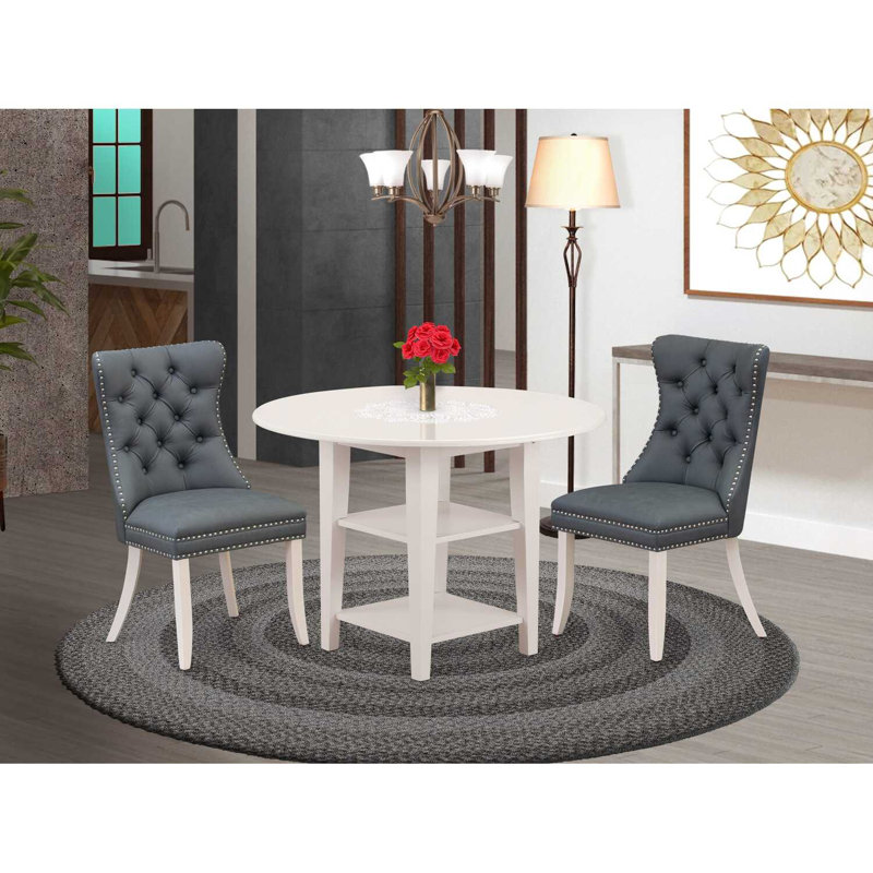 3-Piece Linen White Finish Round Solid Wood Top With Dropleaf Dining Table Set, Gray