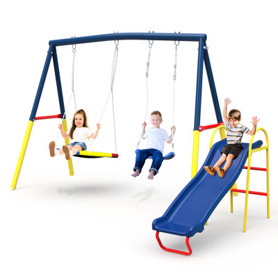 Balançoire 3 en 1 avec glissade pour espaces extérieurs, structure en acier bleu, comprend une balançoire, des sièges à sangles et un cadre, installation facile, conforme aux normes, glissade, assemblage