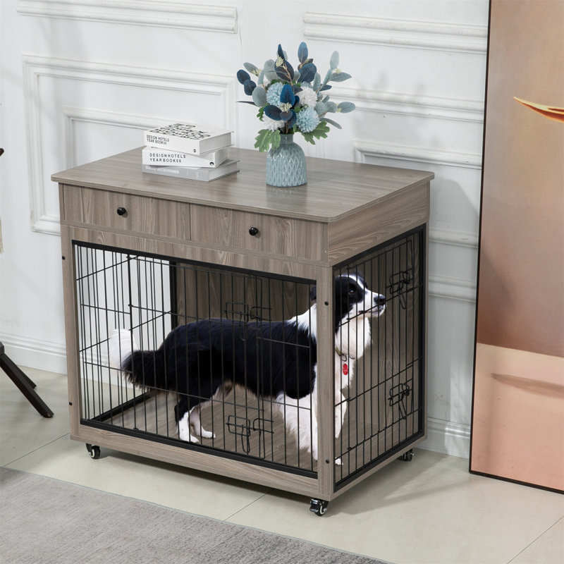 Caisse en bois pour chien avec tiroir, Petit (H 33 po x l 31,70 po x P 23,20 po), Gris