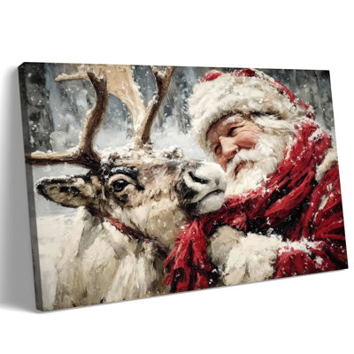 Canvas Wall Art Christmas Reindeer Painting Winter Forest Snow Santa Poster Picture Prints, Holiday Landscape Canvas Artwork for Living Room Bedroom Office Decor, 12×16 Inches