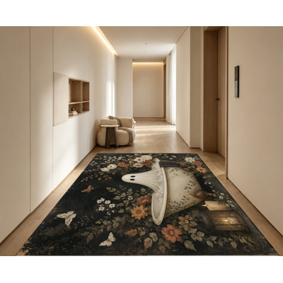 Tapis fantôme floral rétro, imprimé botanique foncé, design artistique, tapis antidérapant, décoration intérieure confortable pour le salon, la chambre à coucher, le vestibule, la porte d'entrée, la cuisine, le balcon et l’appartement