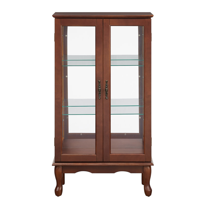 Curio Cabinet Lighted Curio Diapaly Cabinet With Adjustable Shelves And Mirrored Back Panel, Walnut