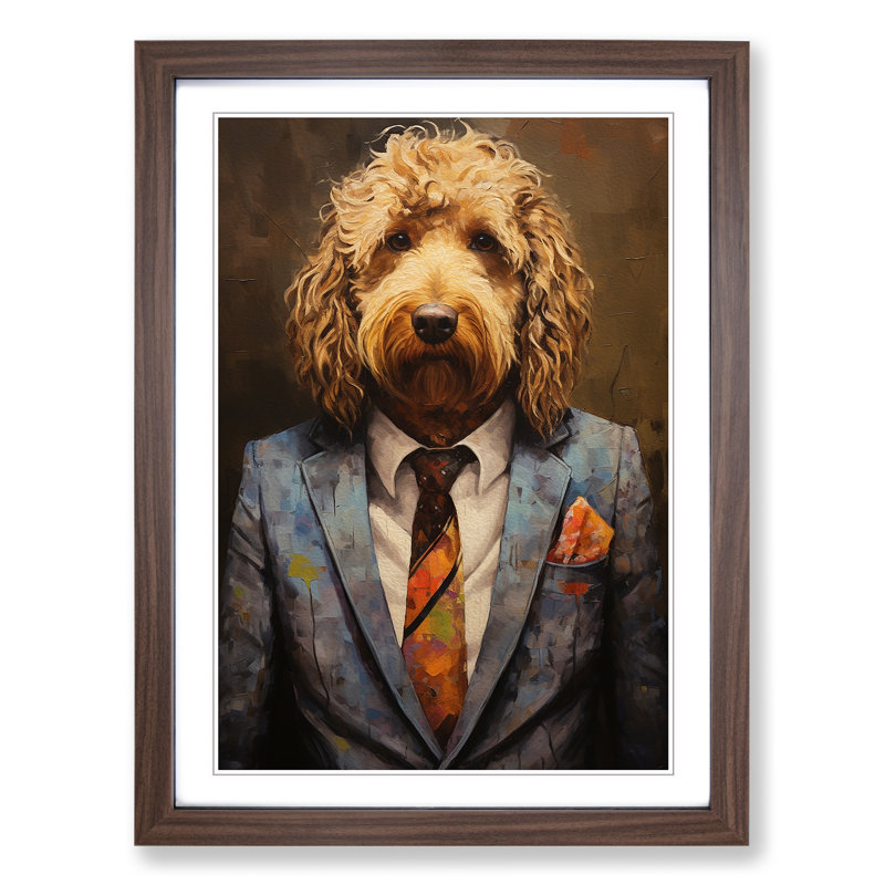 Labradoodle In A Suit Painting No.4 - Single Picture Frame Print on Wood, Walnut Framed, 34cm H x 25cm W x 2cm D