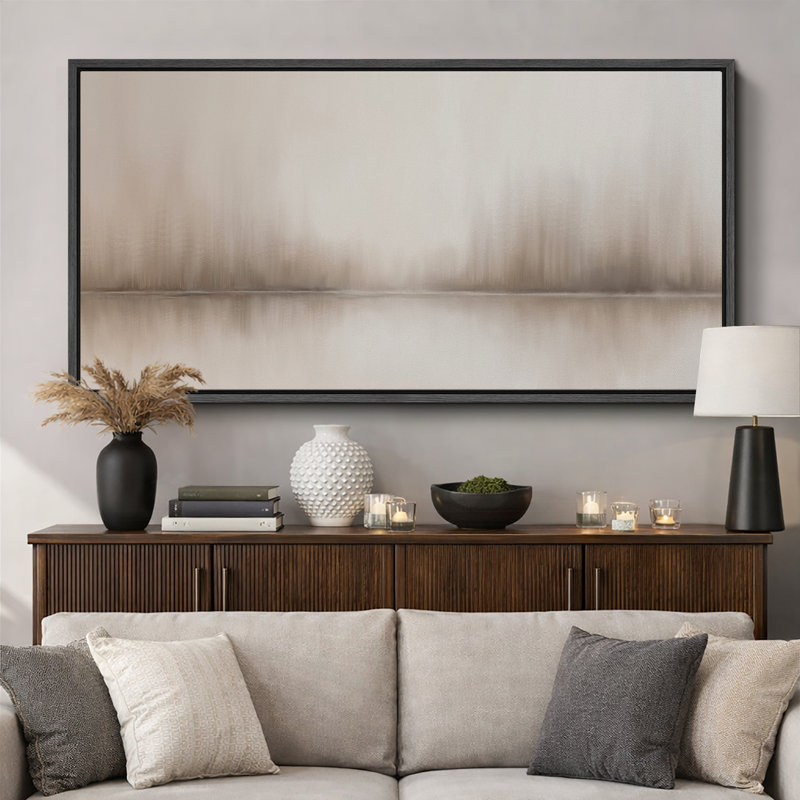 Neutral Reflections Abstract Large Framed Canvas Print Wall Art - Modern Minimal Decor, 30" H x 60" W, Black