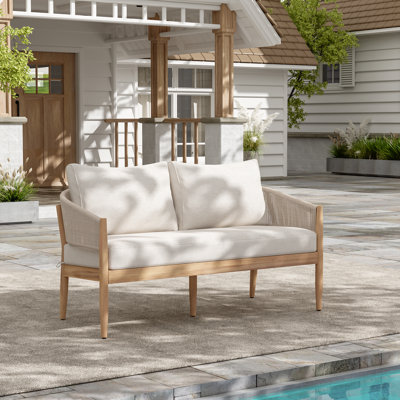 Denny Outdoor Acacia Wood Loveseat With Rope Detailing & Cushions by George Oliver