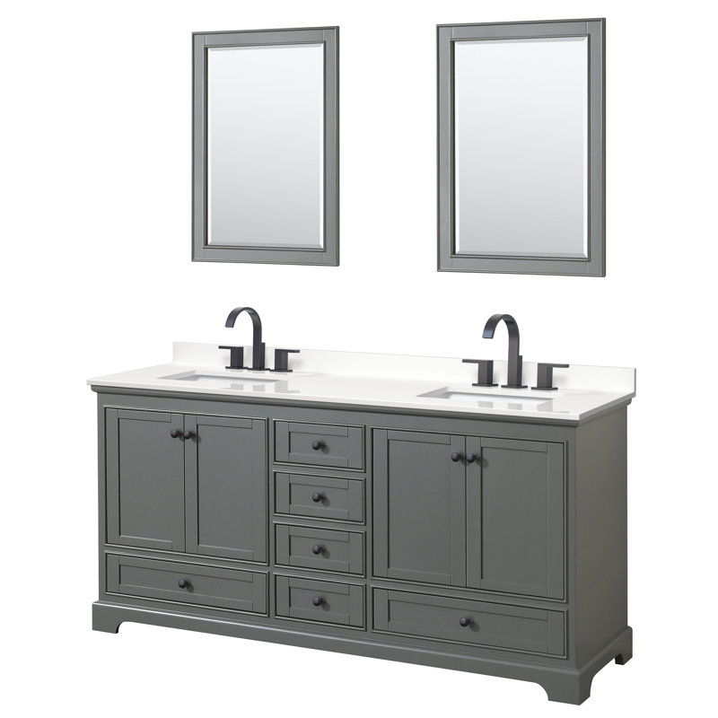 Meuble-lavabo double autoportant Deborah avec plateau en quartz, Quartz blanc, Gris foncé, Noir mat