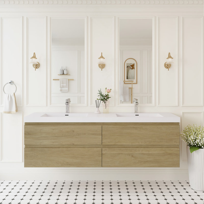 Meuble-lavabo mural 72 po avec lavabo 72 po, meuble-lavabo mural moderne avec lavabo à surface solide, Naturel