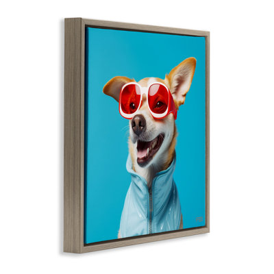 Stylish Dog on Blue Black Framed Floater Canvas Wall Art by Roozbeh Bahramali