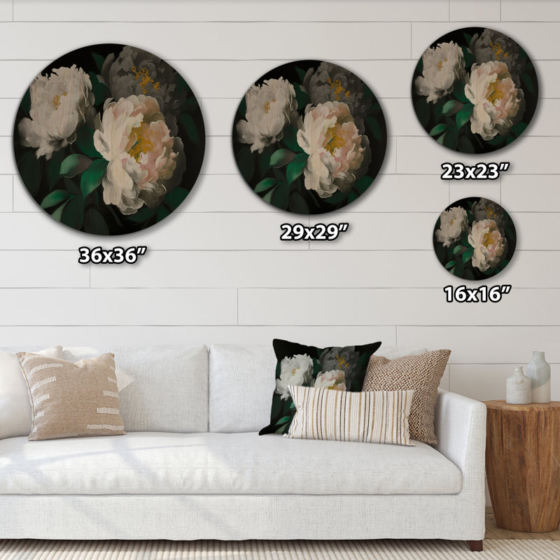 Pivoine blanche sur fond noir I - Art mural en bois pivoine florale - Bois de pin naturel, H 36 po x l 36 po x P 1 po