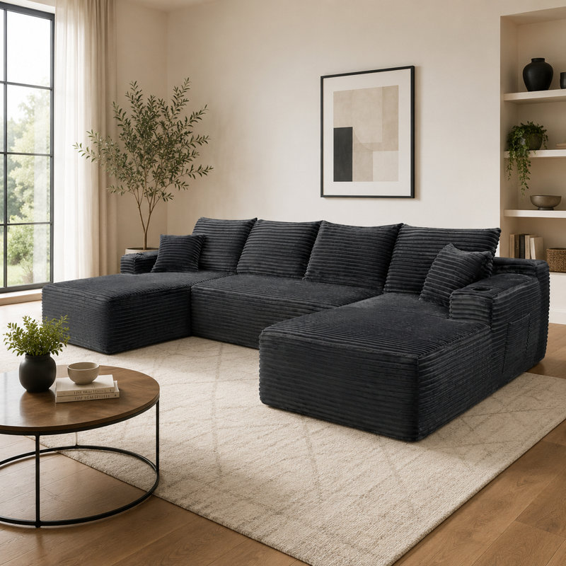 Canapé modulaire gris en forme de U de 126 po avec méridienne, poches latérales et porte-gobelets. Canapé rembourré moderne à assise profonde pour le salon et la chambre à coucher, entièrement pré-assemblé sans travaux d'assemblage.