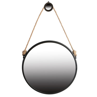 Stylish 29.5" Hanging Round Mirror With Black Frame And Resilient Trustworthy Rope For Bathroom Bedroom Metal Framed Reliable Living Room