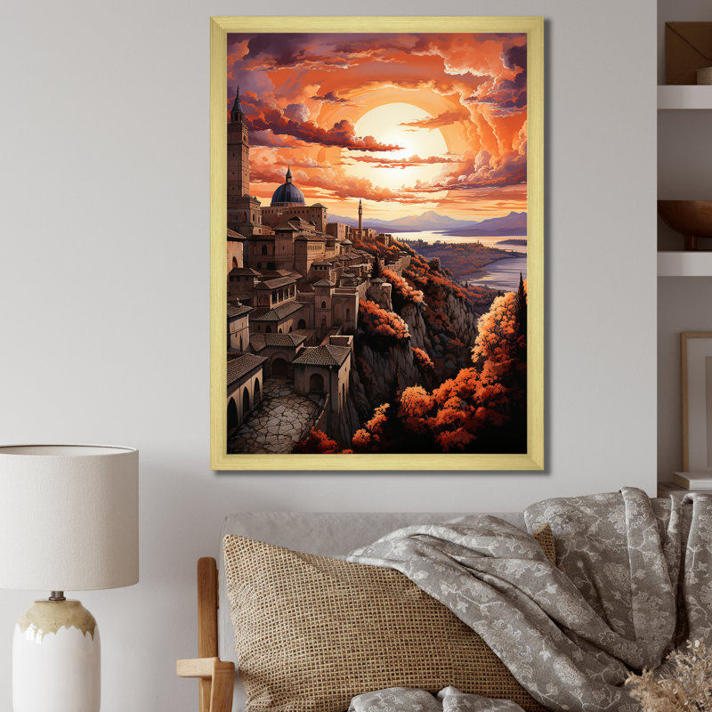 Espagne, coucher de soleil sur l'Alhambra II sur toile, Encadrement doré, H 32 po x l 16 po x P 1 po