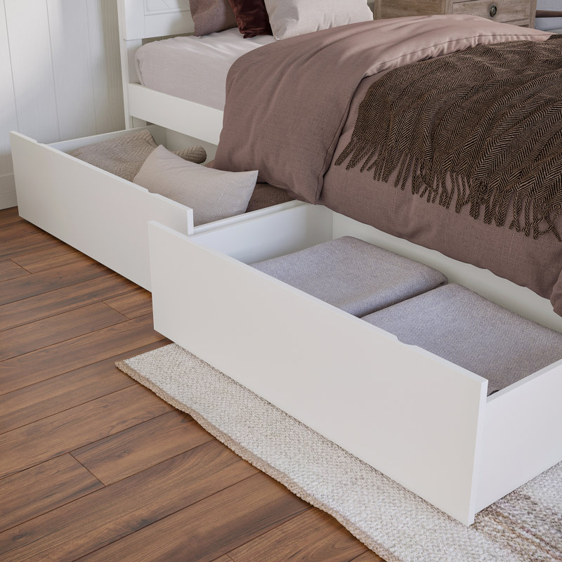 Jeinny Solid Wood Platform Bed with Matching Footboard & Storage Drawers, White, Queen