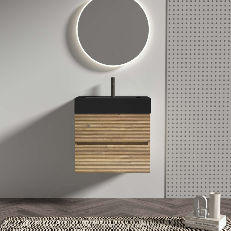 Meuble-lavabo de salle de bain avec lavabo à quartz d'ingénierie et tiroirs souples, meuble-lavabo mural flottant pour salle de bain moderne, lavabo une pièce sans drain ni robinet