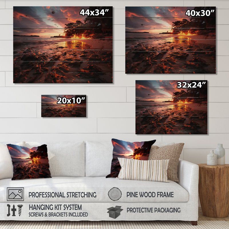 Rose et orange, ciel côtier I - plage sur bois, H 10 po x l 20 po