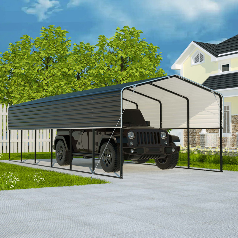 ALEKO Black Steel Carport with Corrugated Roof Panels 12 x 30 feet