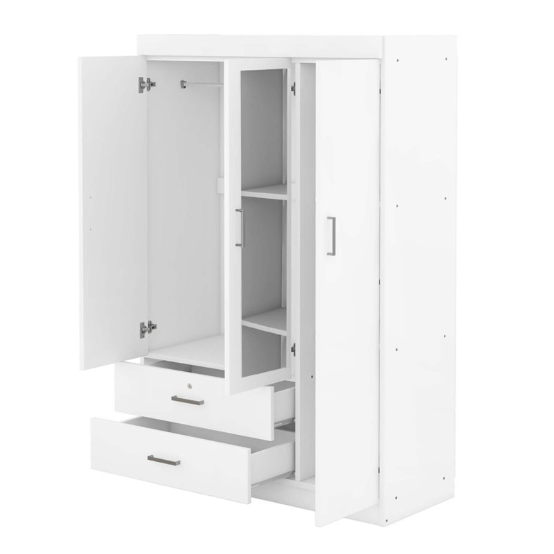 Armoire à trois portes avec miroir et beaucoup de rangement, Blanc