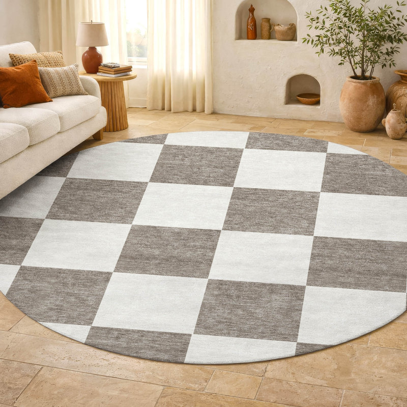 Tapis géométrique lavable à la machine de qualité supérieure Mayfield AMF2345, Taupe, Rond 8 pi