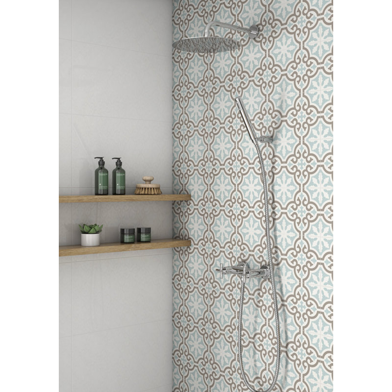 Casablanca Encaustic‑Look Patterned Porcelain Floor & Wall Tile, 8" x 8", Patterned, Blue/White/Gold