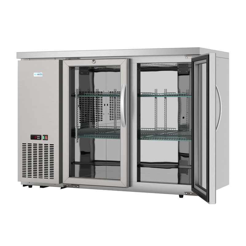 Réfrigérateur commercial de 47 po à deux portes avec deux portes en verre avec condensateur latéral et compresseur, éclairage DEL, 11 pi³ Capacité de pieds en acier inoxydable (km-BC-2GD-SSBK)