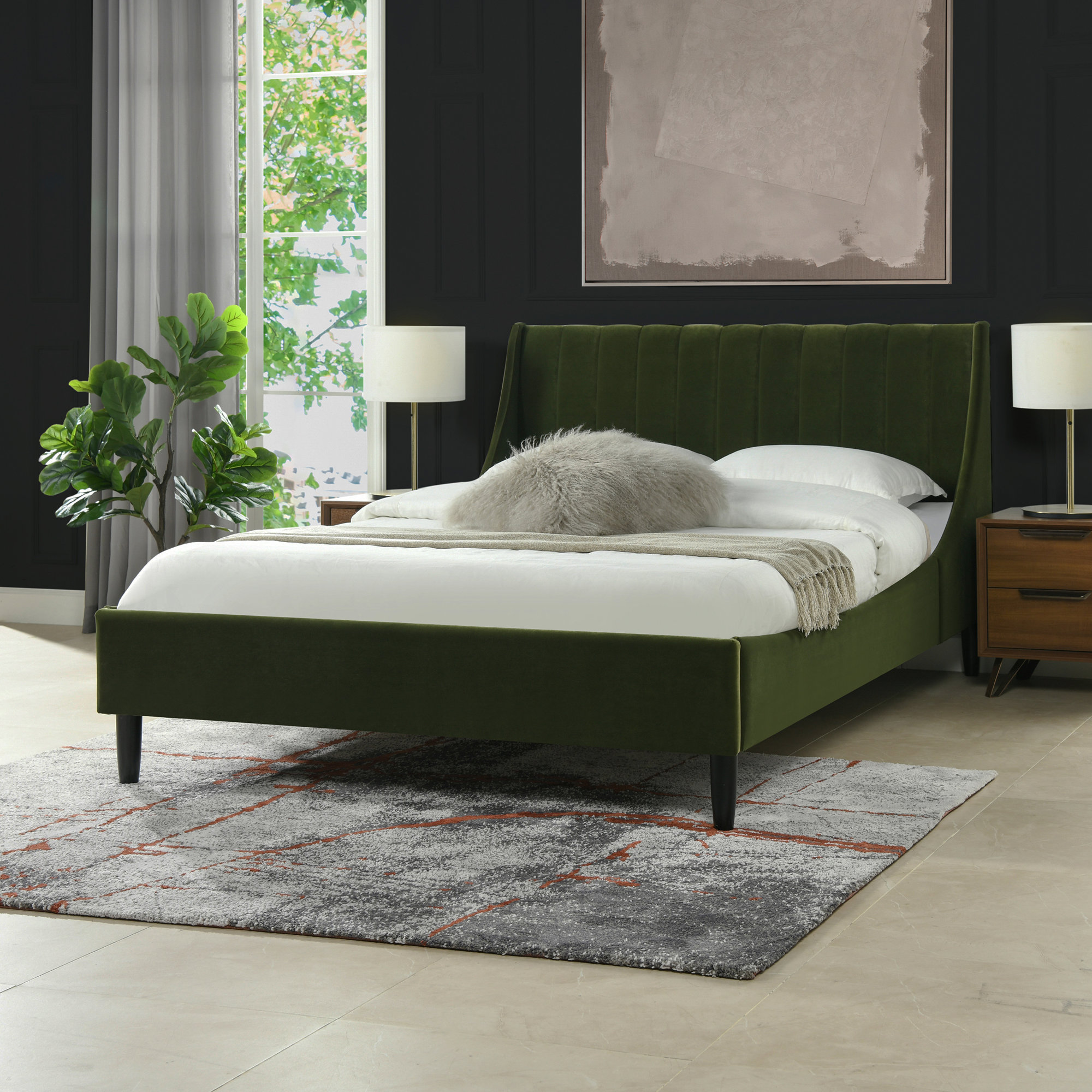 Helaina Upholstered Wingback Bed, Olive Green Velvet, Queen