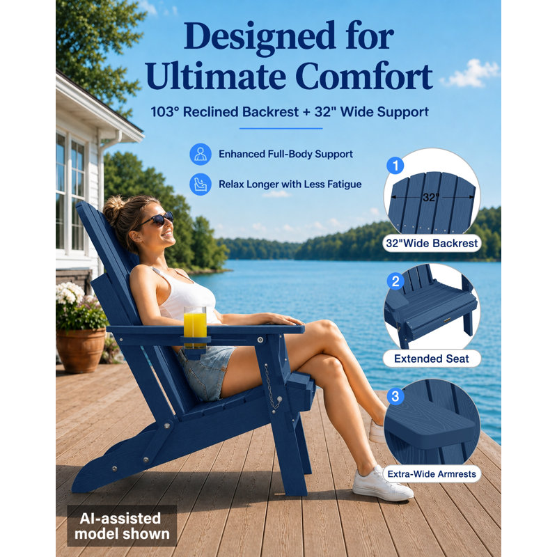 Weather-Resistant Adirondack Chairs with Cup Holder: Outdoor Plastic HDPE Folding Adirondack Chairs for Fire Pit/Deck/Porch/Garden/Lawn/Backyard (Dark Blue)