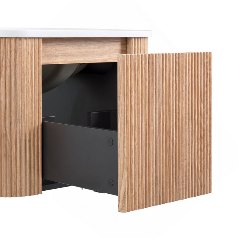 Meuble-lavabo mural de 24 po avec lavabo au design incurvé, finition en bois à texture ondulée, marbre de culture intégré