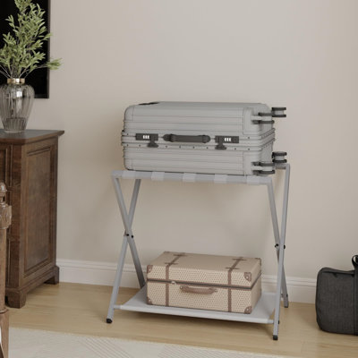Luggage Stand For Guest Room Foldable, Suitcase Holders With Storage Shelf, Steel Frame With Nylon Straps,Holds Up To 131 Lb, Greige, 1 Pack
