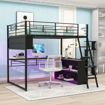 Metal Loft Bed With Built-In Desk, LED Lighting And Storage Shelves