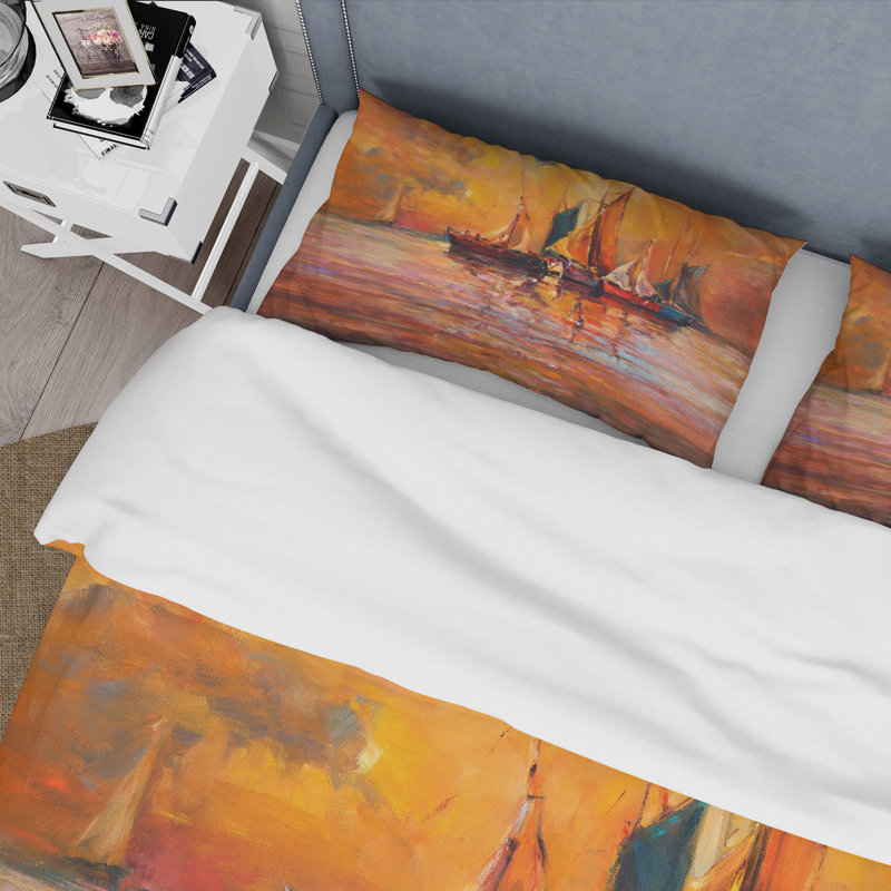 Bateaux sur l'océan pendant le coucher du soleil I - Ensemble de housse de couette nautique - Microfibre de polyester